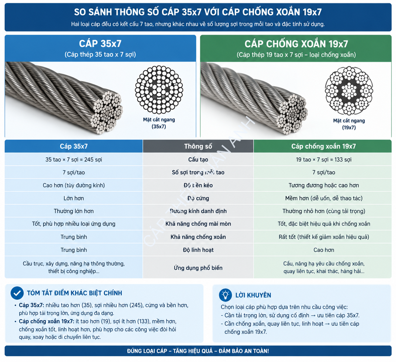 Cáp thép chống xoắn 35x7 Manho Bảng so sánh thông số cáp thép chống xoắn 35x7 và 19x7